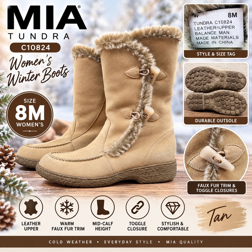 MIA Tundra C10824 Tan Leather Faux Fur Trim Toggle Winter Boots Womens 8M